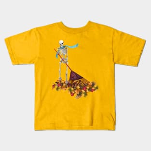 Skeleton Raking Leaves Kids T-Shirt